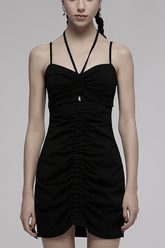 Robe Punk pour Femme à Bretelles, Col Halter, Cordon de Serrage, Design Sculpté Creux, Extensible, Tricotée Noire